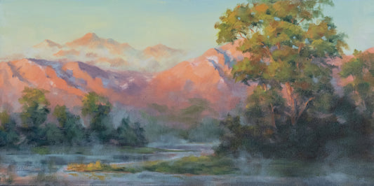 "First Light" 12x24 oil painting. Framed