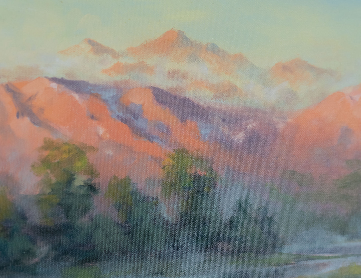 "First Light" 12x24 oil painting. Framed