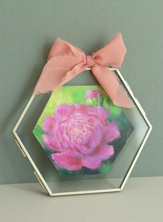"Pink peony" Acrylic original mini painting in a glass frame