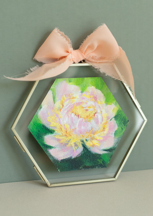 "Pink and Yellow Peony" Acrylic original mini painting in a glass frame