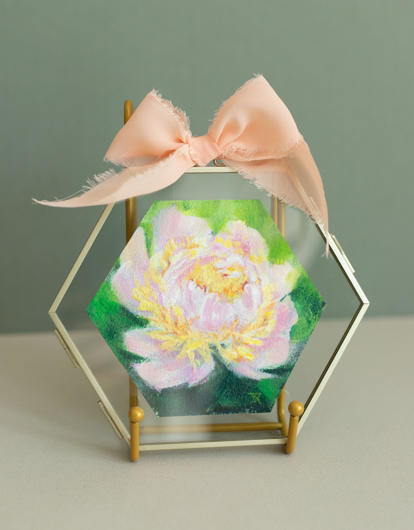 "Pink and Yellow Peony" Acrylic original mini painting in a glass frame