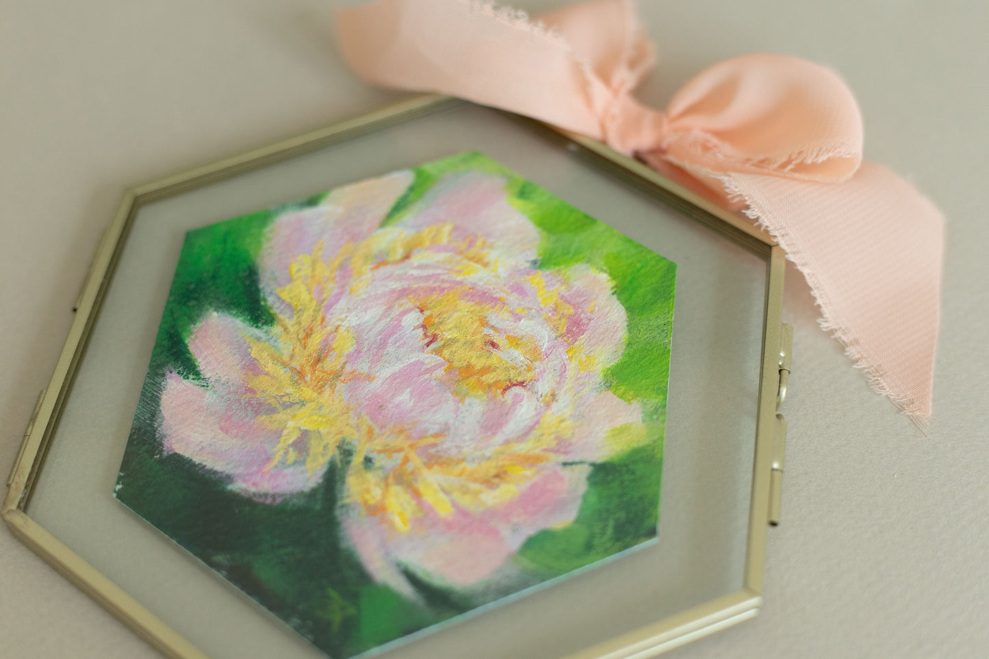 "Pink and Yellow Peony" Acrylic original mini painting in a glass frame