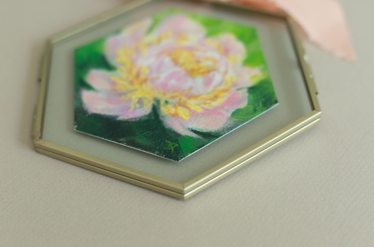 "Pink and Yellow Peony" Acrylic original mini painting in a glass frame