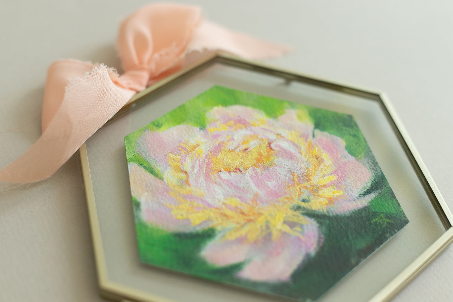"Pink and Yellow Peony" Acrylic original mini painting in a glass frame