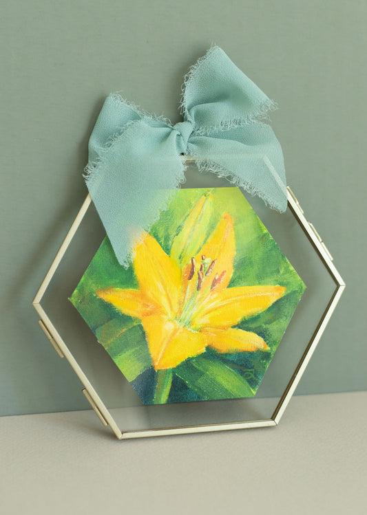 "Yellow Lily" Acrylic original mini painting in a glass frame