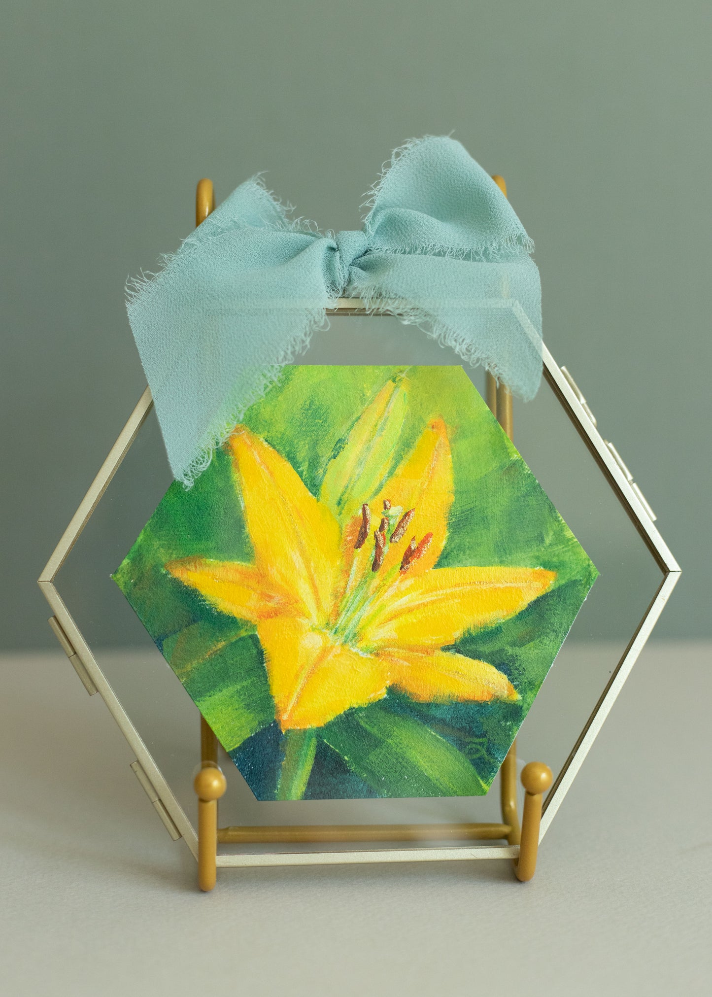 "Yellow Lily" Acrylic original mini painting in a glass frame