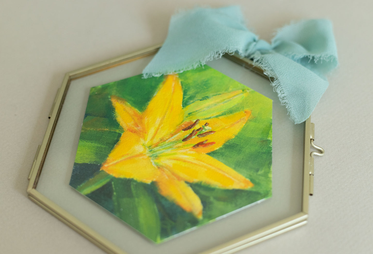 "Yellow Lily" Acrylic original mini painting in a glass frame