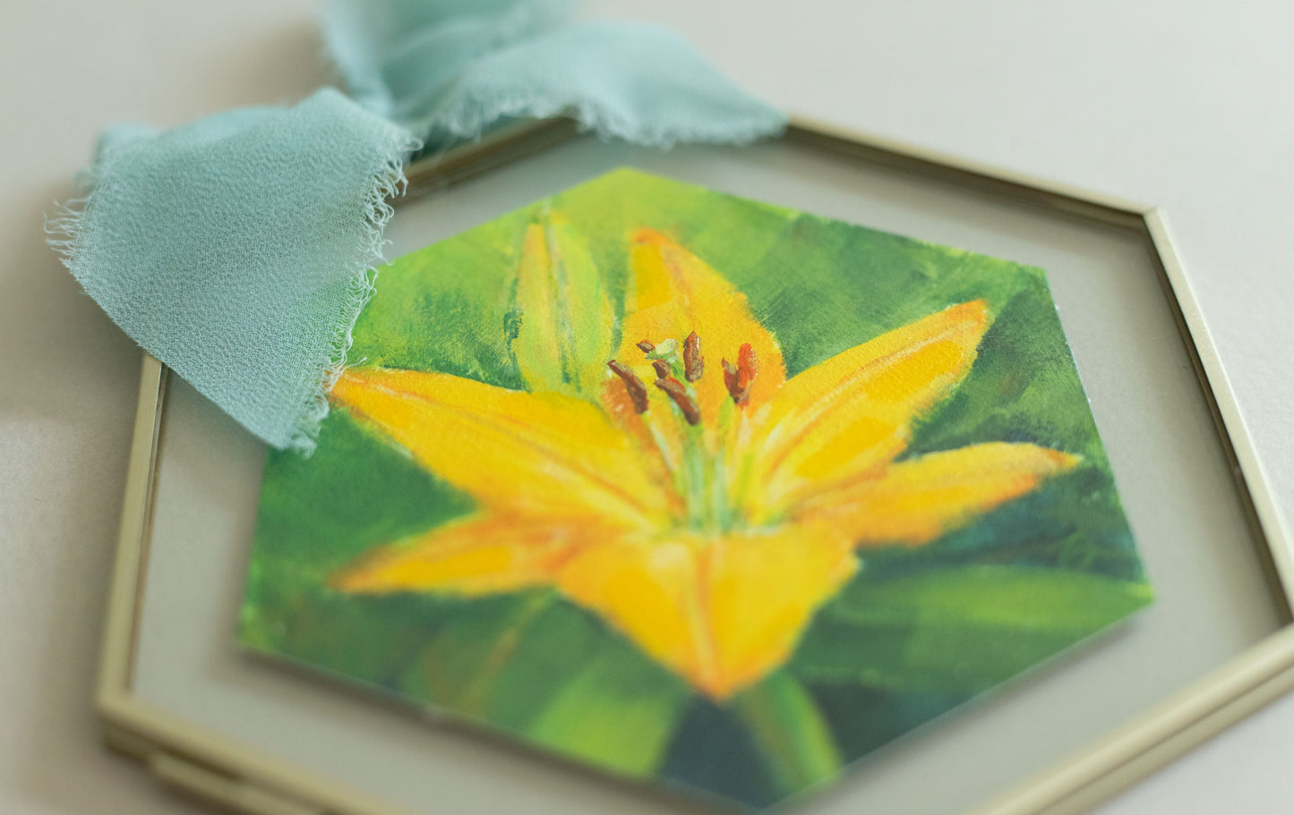 "Yellow Lily" Acrylic original mini painting in a glass frame