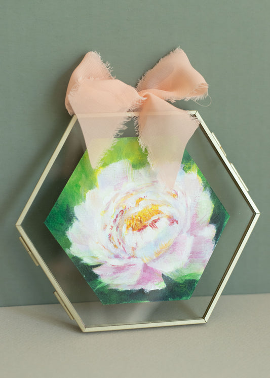 "White Peony" Acrylic original mini painting in a glass frame