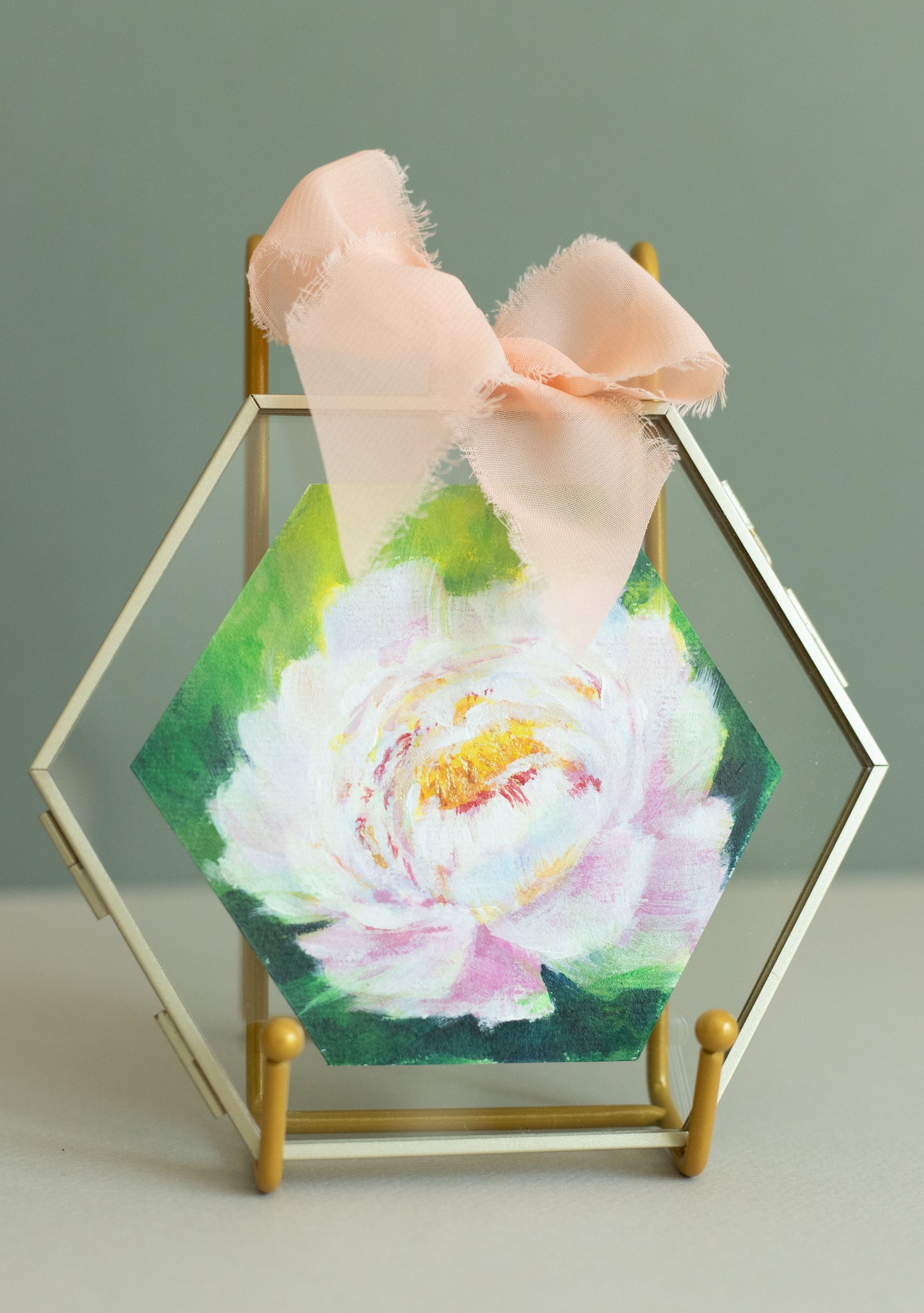 "White Peony" Acrylic original mini painting in a glass frame