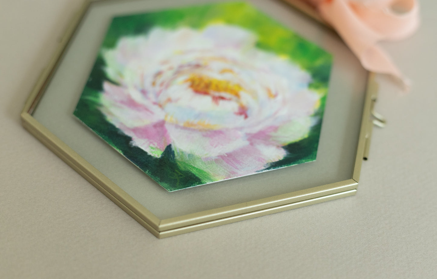 "White Peony" Acrylic original mini painting in a glass frame