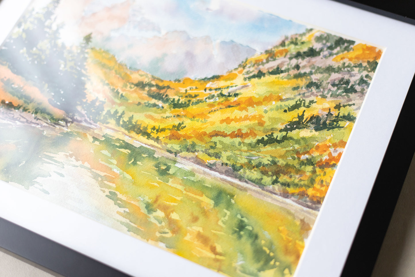 'Autumn Hills' Original watercolor landscape. 9x12in. Framed
