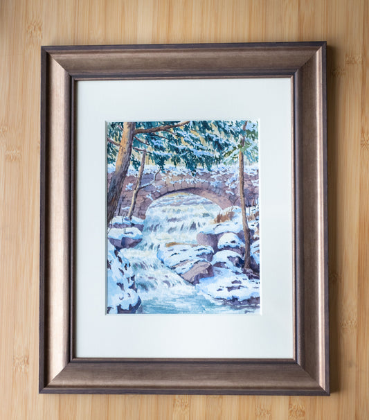 'Winter Break' Original watercolor landscape. 8x10in. Framed