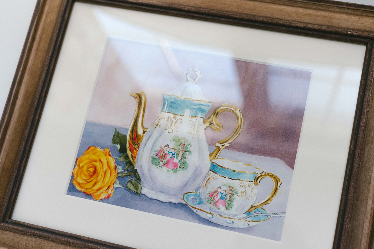 Tea Party, original watercolor illustration, 8x10, framed