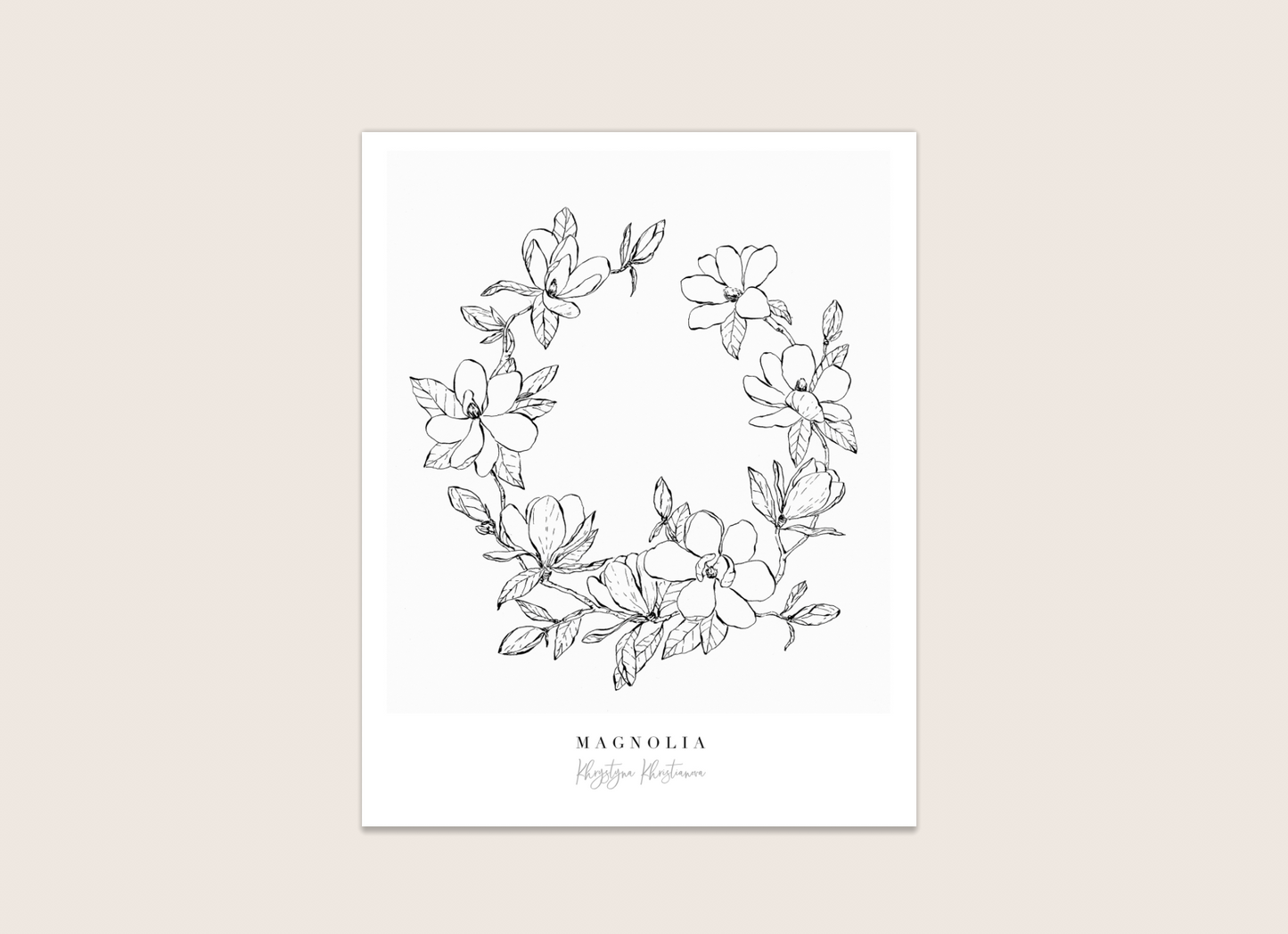 'Magnolia Wreath' giclee print. Unframed