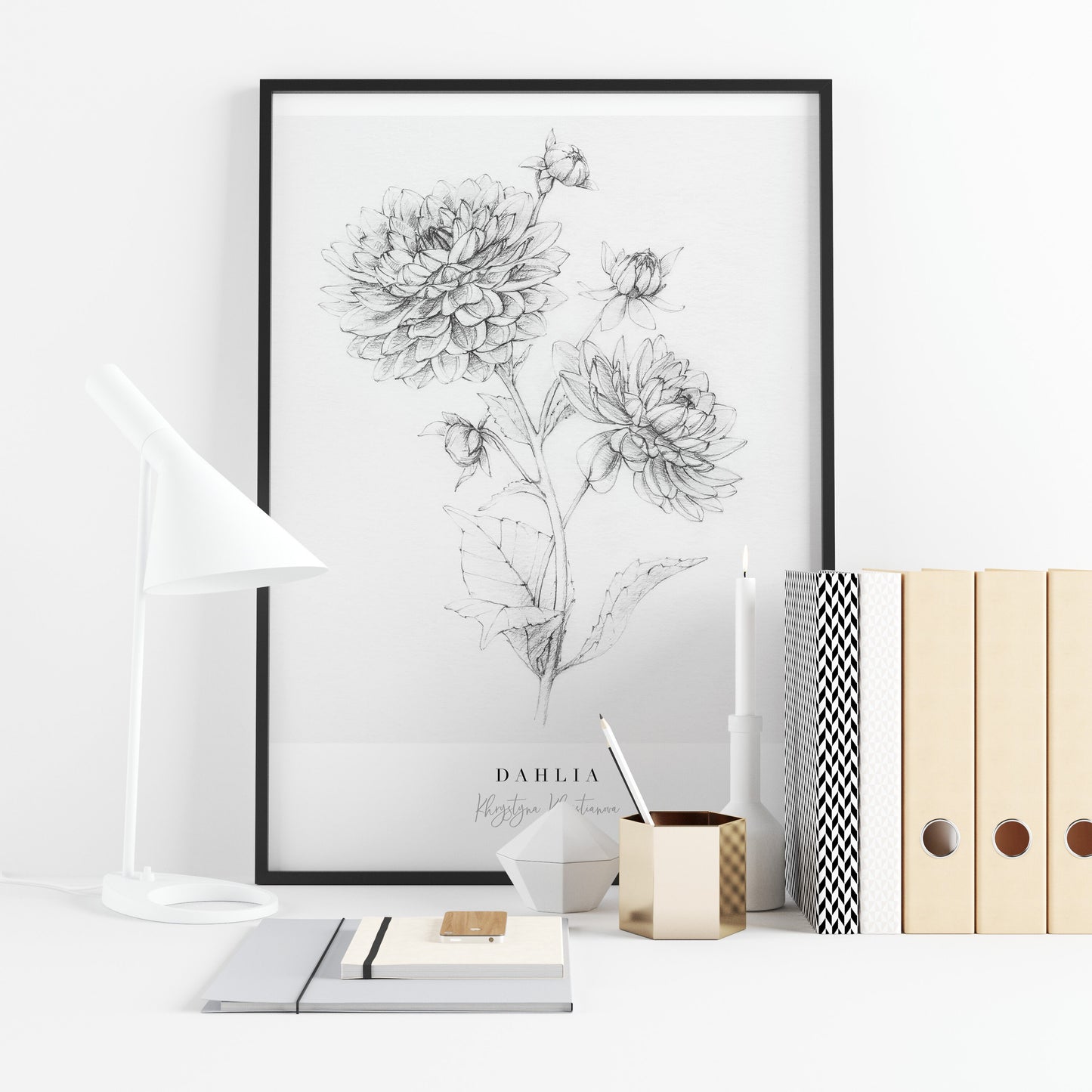 'Dahlia in pencil' giclee print. Unframed