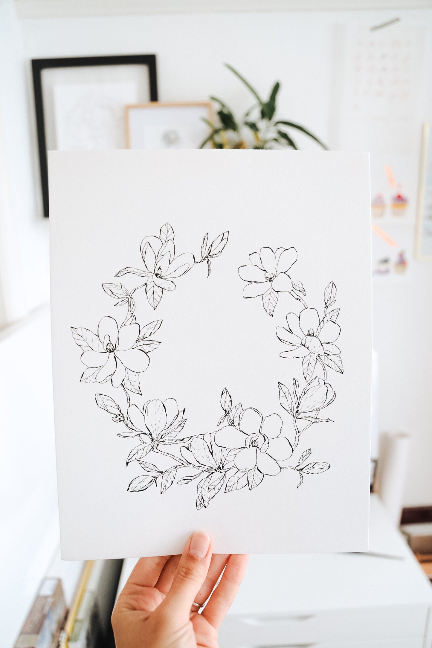 'Magnolia Wreath' original ink illustration, 8.5x11in