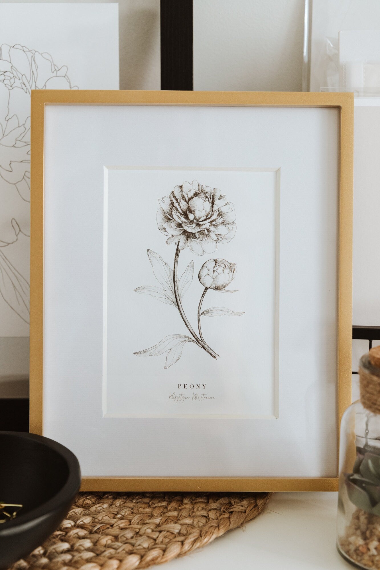 Peony ink illustration giclee print