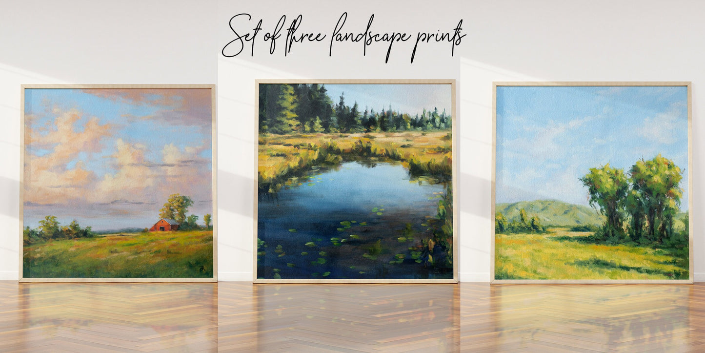 Set of 3 oil landscape prints. Unframed
