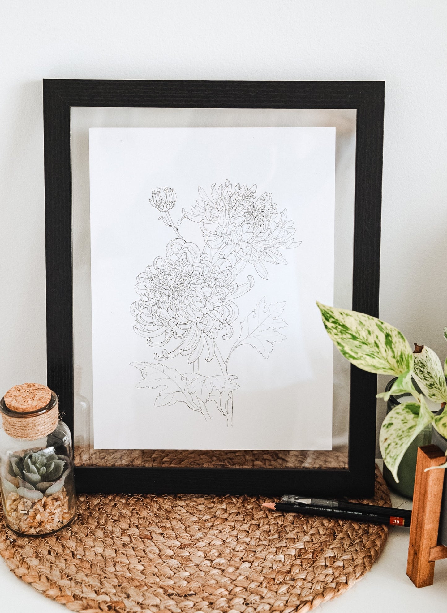 'Chrysanthemums' Original Ink Illustration. 9x12in
