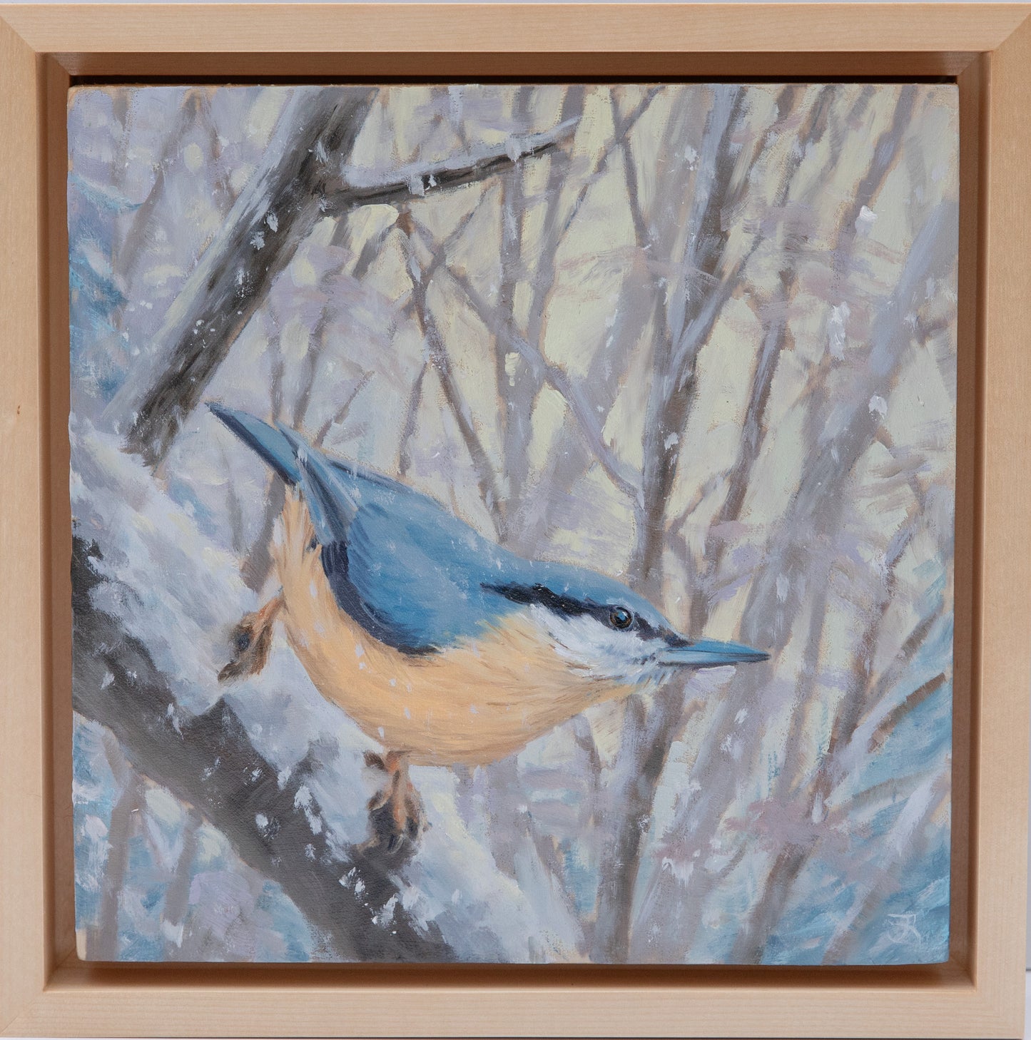 "February Flurries" 8x8 original oil painting. Framed