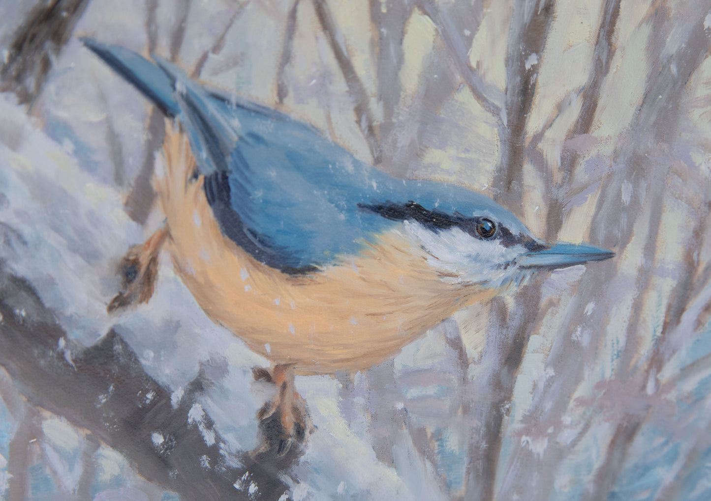 "February Flurries" 8x8 original oil painting. Framed