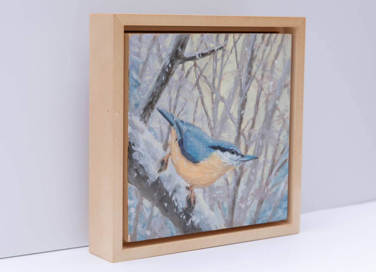 "February Flurries" 8x8 original oil painting. Framed