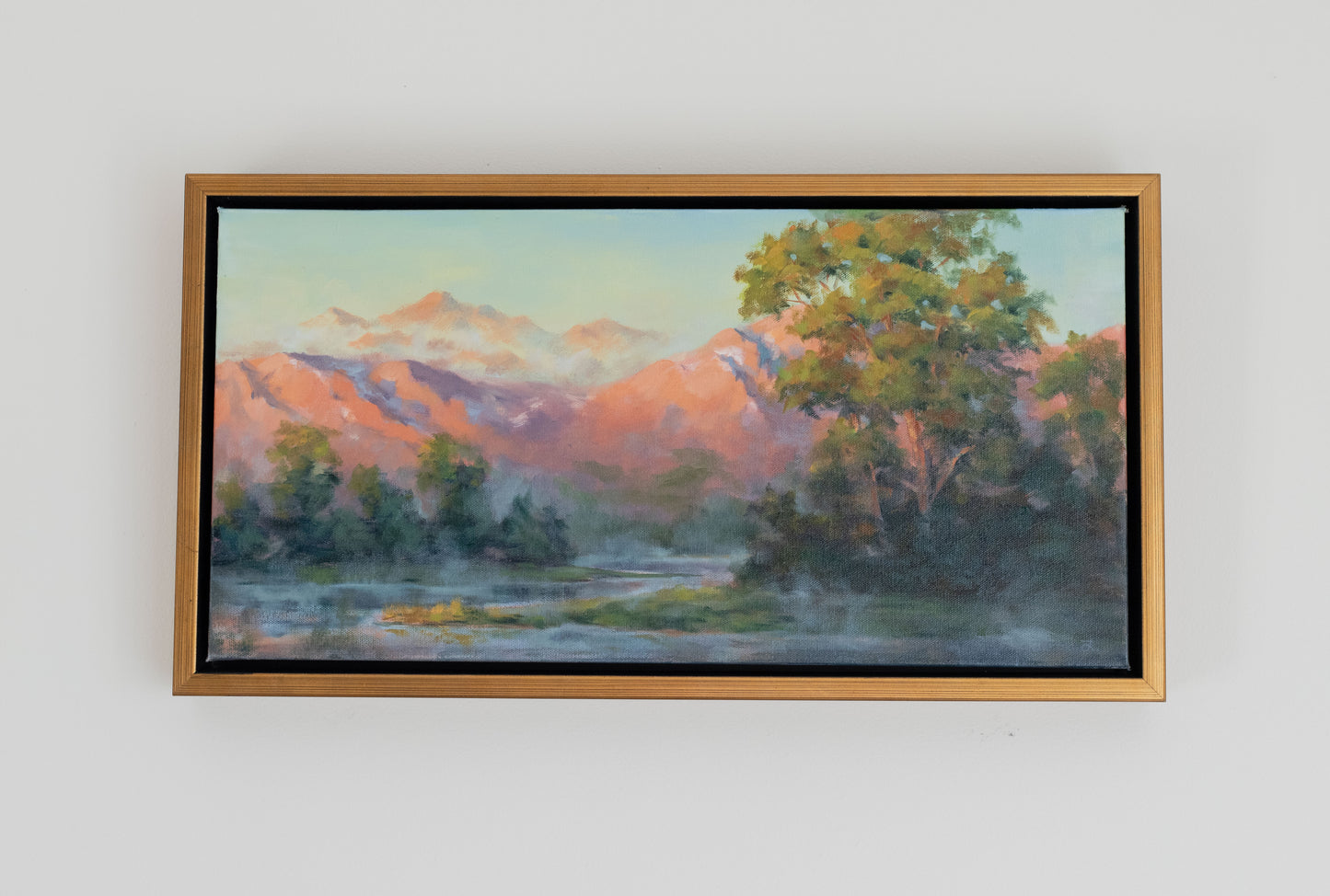 "First Light" 12x24 oil painting. Framed