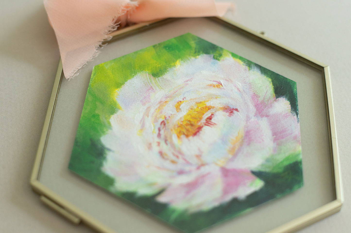 "White Peony" Acrylic original mini painting in a glass frame