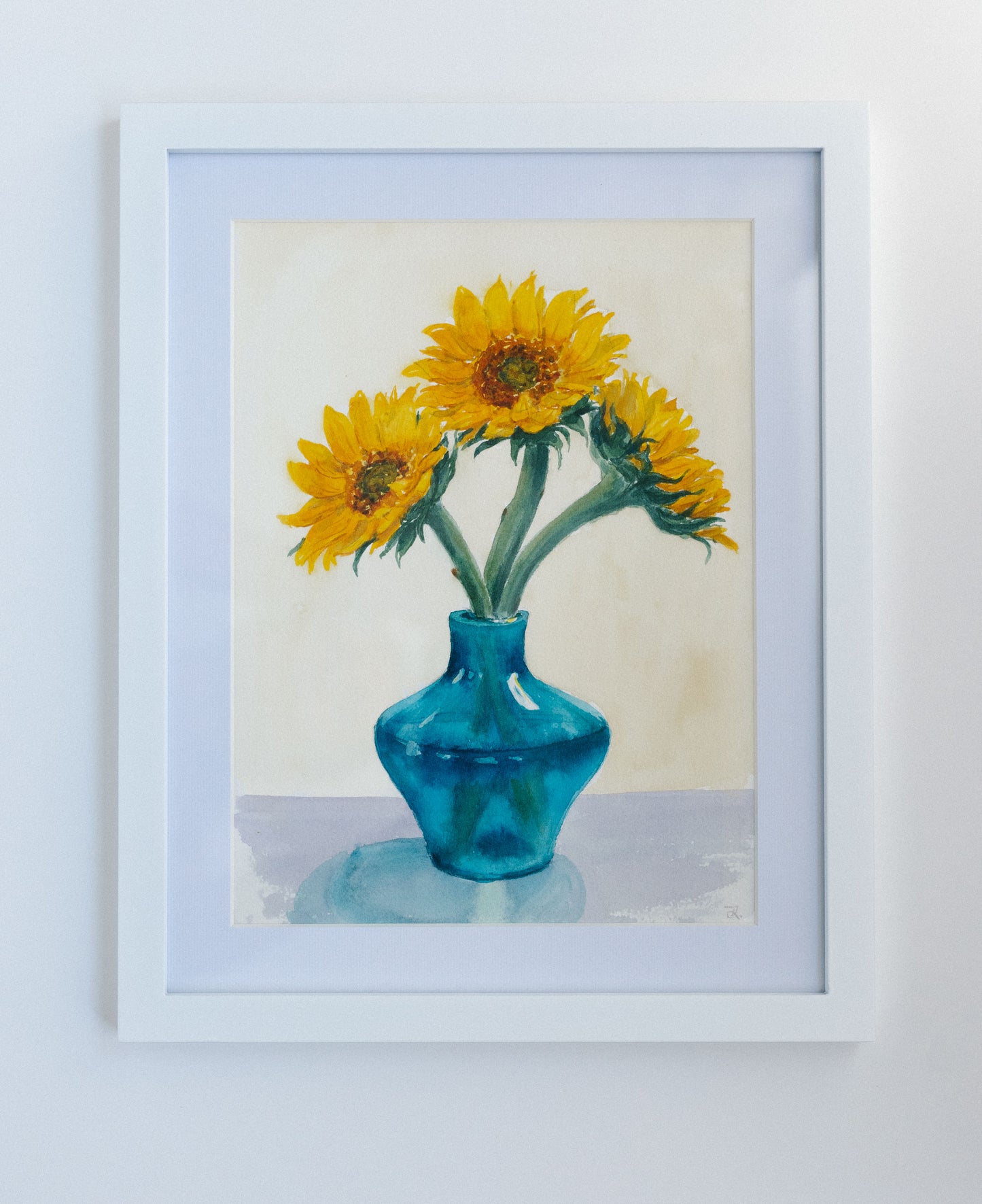 Sunflowers, original watercolor illustration, 9x12, framed