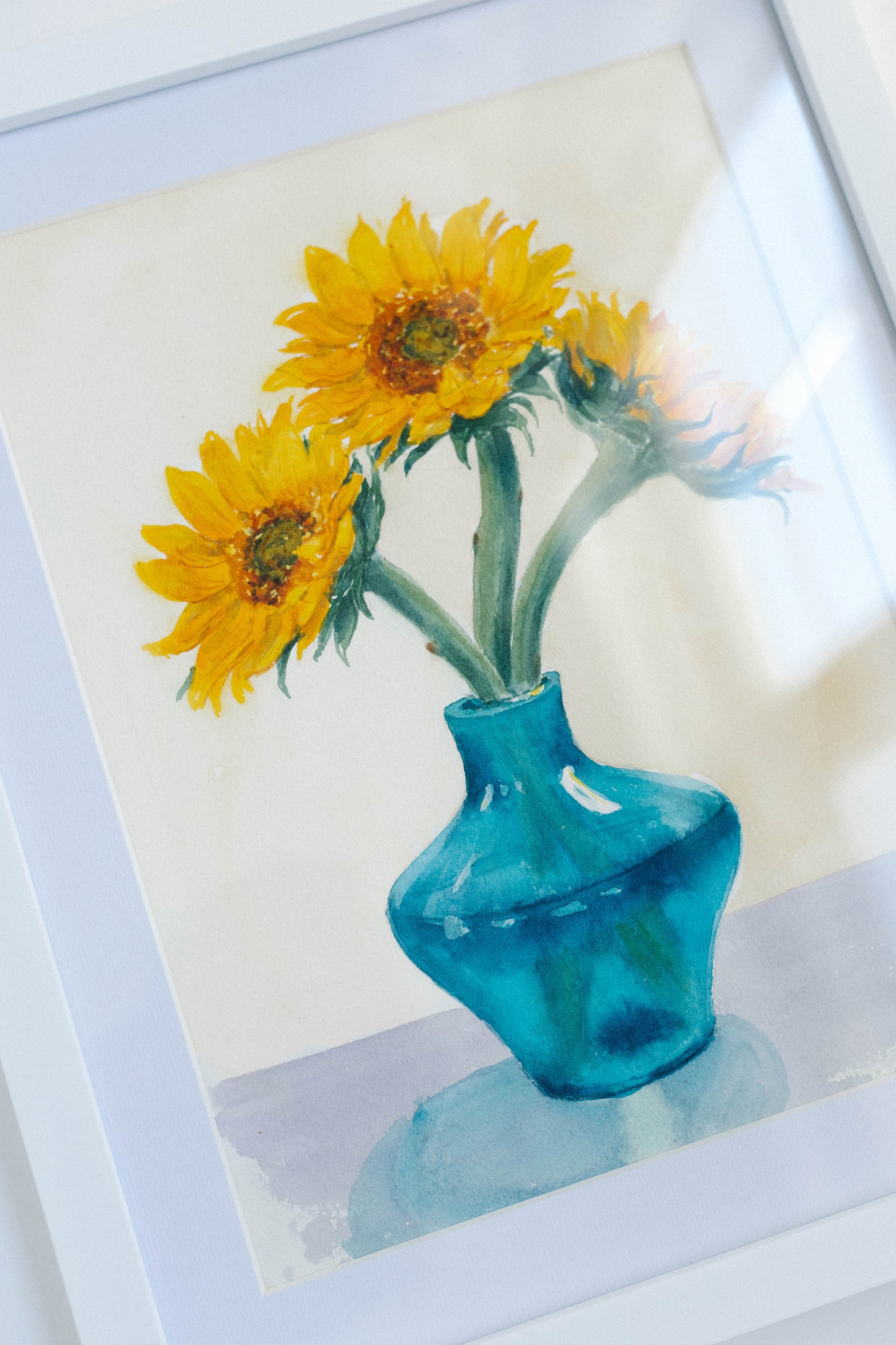 Sunflowers, original watercolor illustration, 9x12, framed