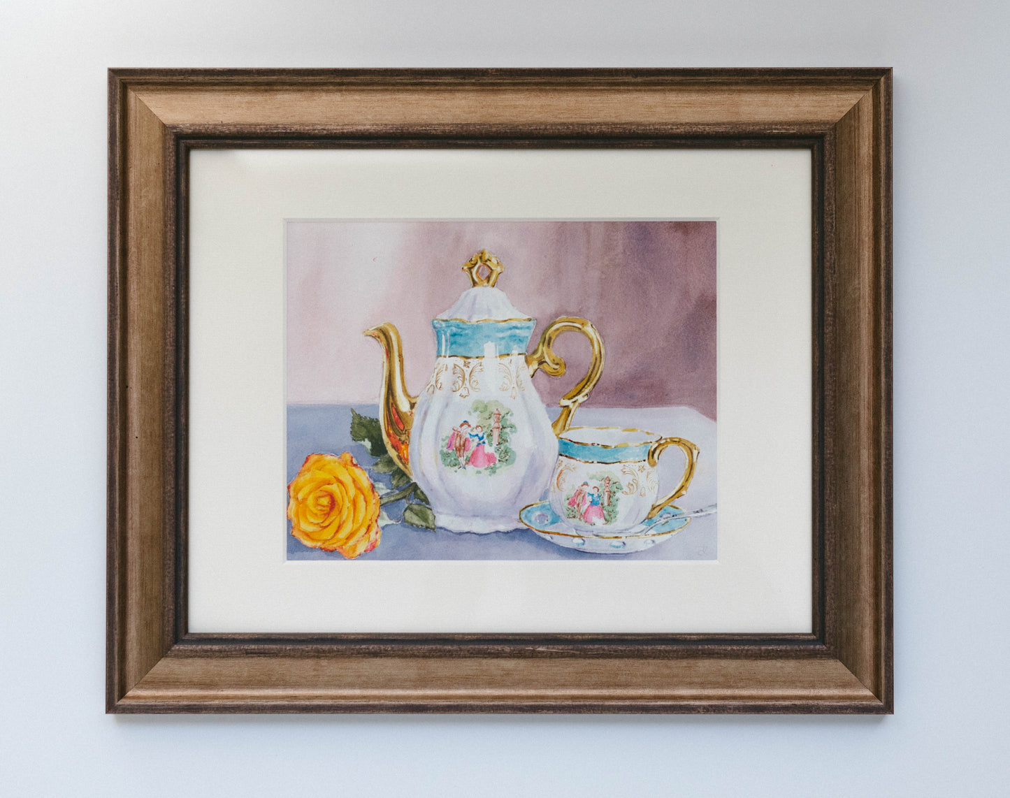 Tea Party, original watercolor illustration, 8x10, framed