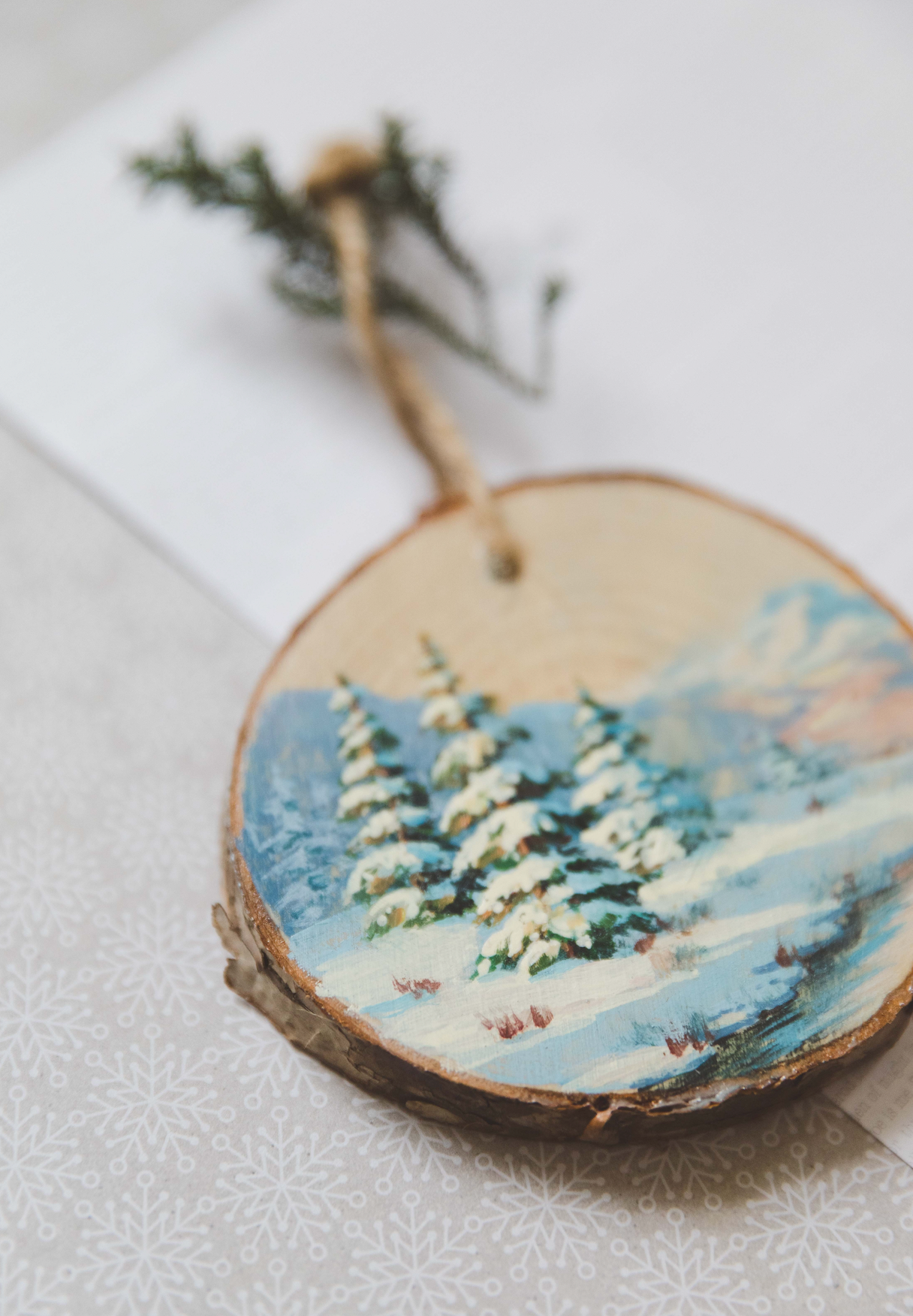 Hand-painted Winter landscape Christmas tree ornament