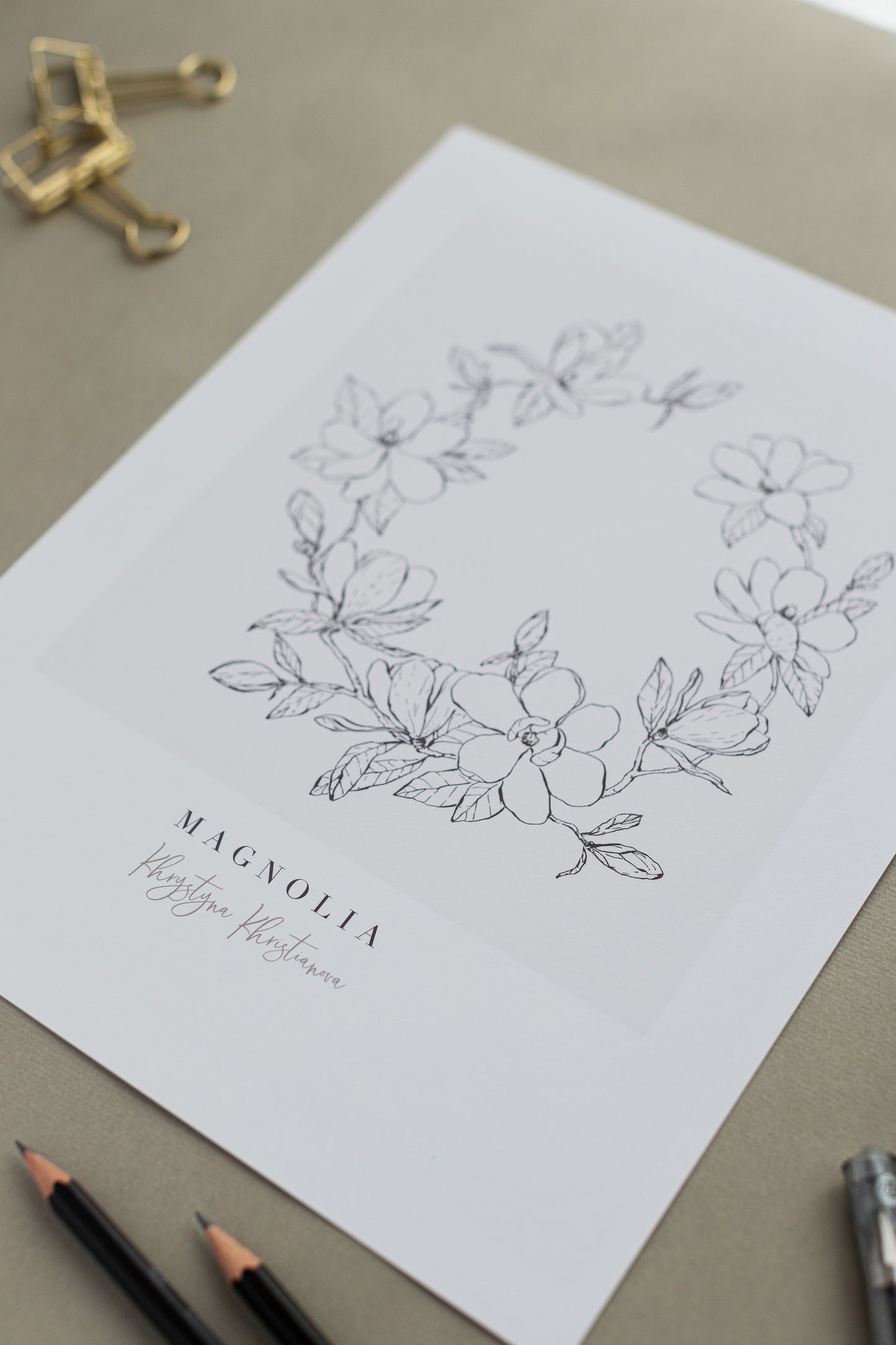 'Magnolia Wreath' giclee print. Unframed