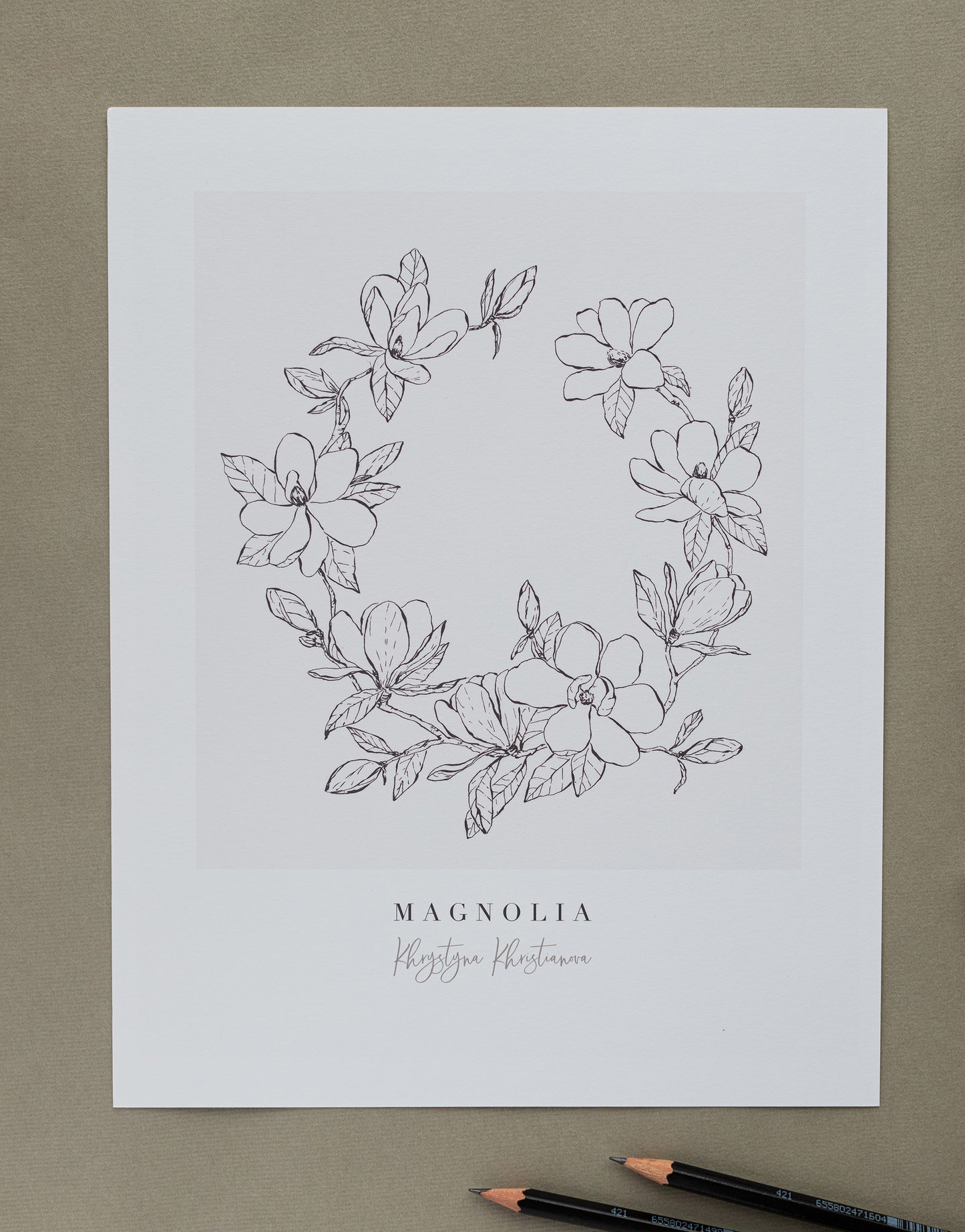 'Magnolia Wreath' giclee print. Unframed