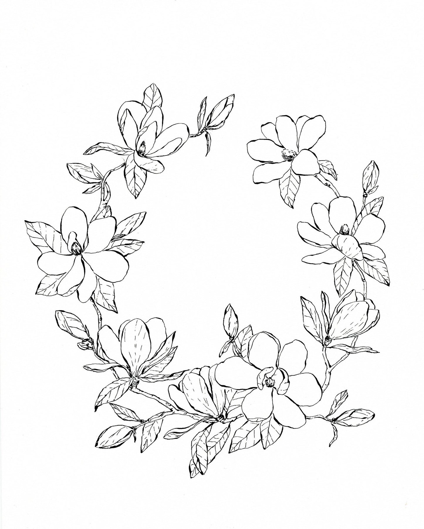 'Magnolia Wreath' original ink illustration, 8.5x11in