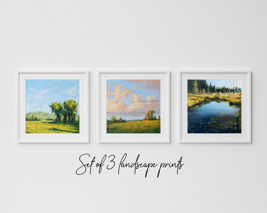 Set of 3 oil landscape prints. Unframed