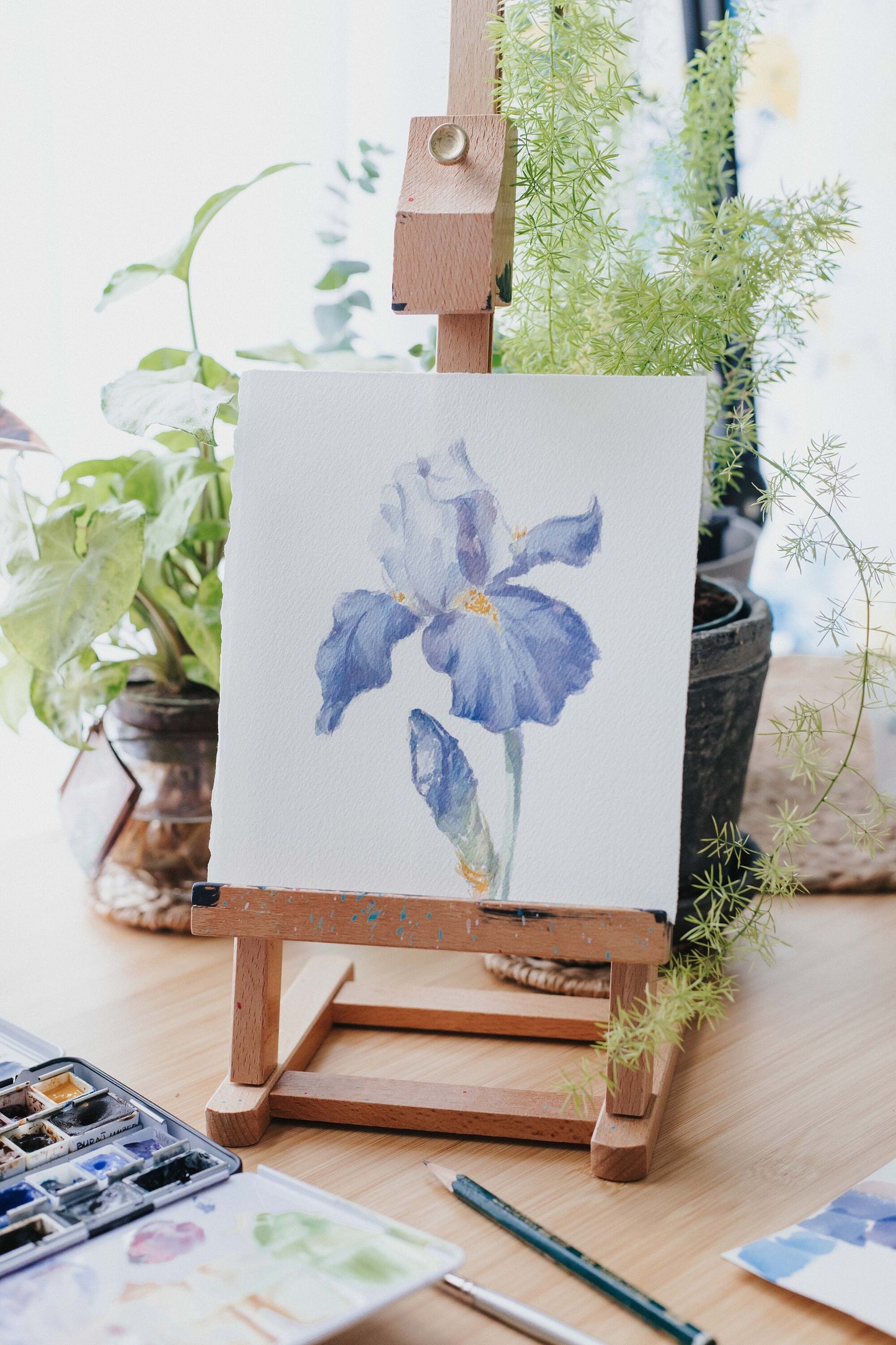 'Blue Iris' original watercolor illustration, 6.5x7in