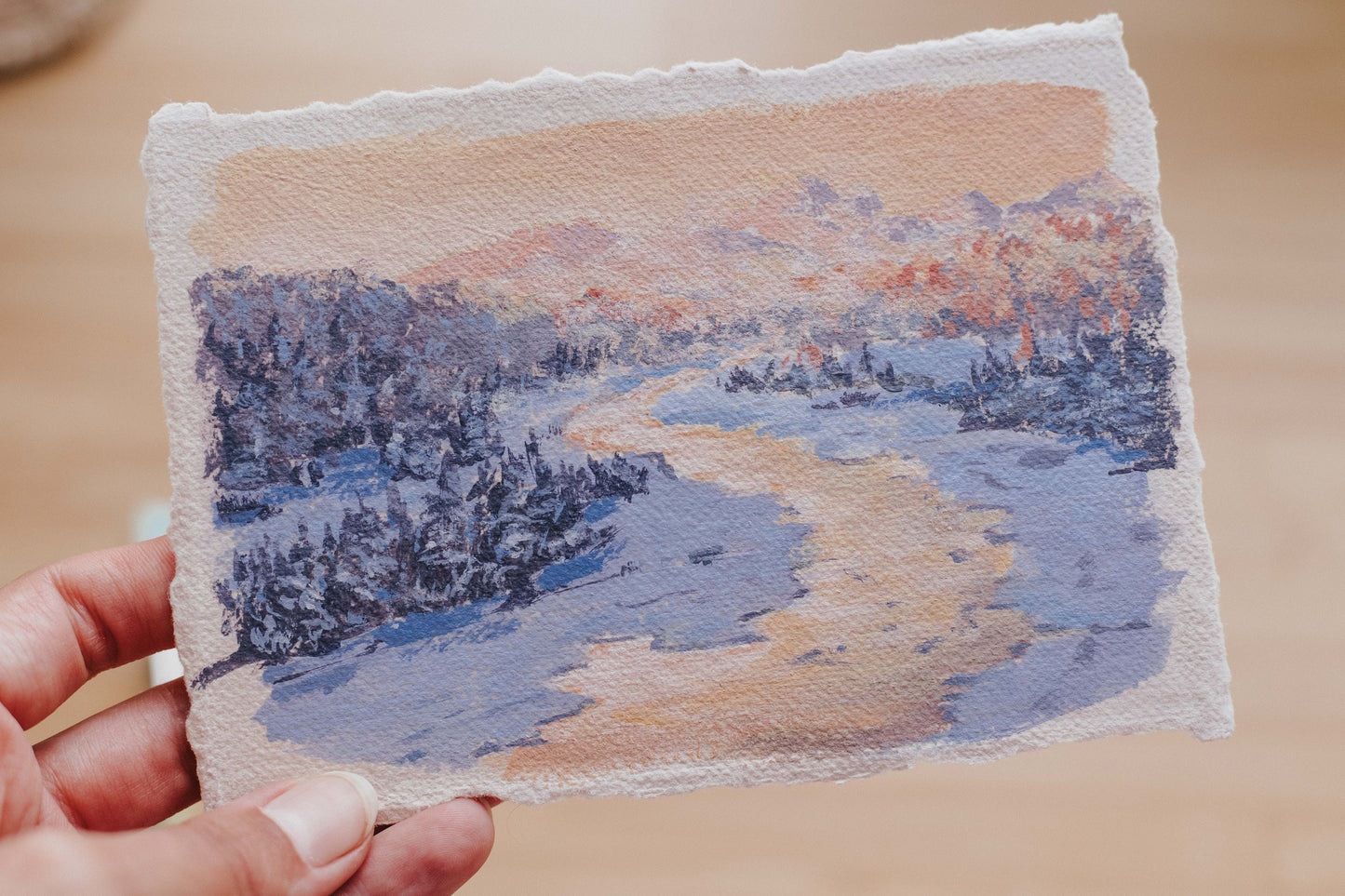 Winter River original acrylic mini landscape, 6x4.5in